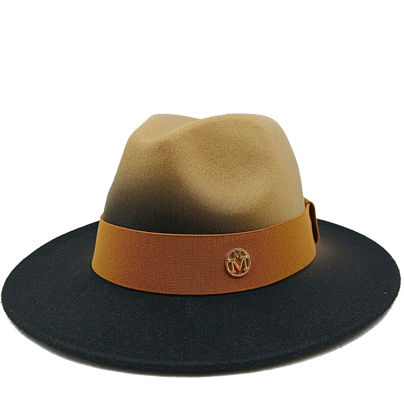 Two-toned hat with a brown band and logo on a white background. Unisex double fedora hat, dual color gradient tie-dye, casual jazz style, cotton-polyester mix, suitable for outdoor autumn and spring.