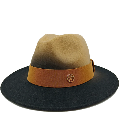 Two-toned hat with a brown band and logo on a white background. Unisex double fedora hat, dual color gradient tie-dye, casual jazz style, cotton-polyester mix, suitable for outdoor autumn and spring.