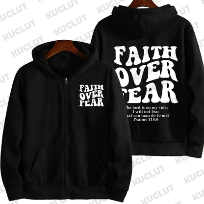 Faith Over Fear Christian zip hoodie, Bible verse sweatshirt, Jesus hoodie, trendy hoodie, aesthetic zip jacket.