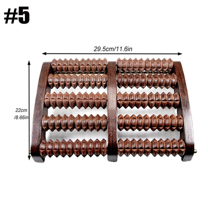 Wooden roller massager with dimensions on a white background