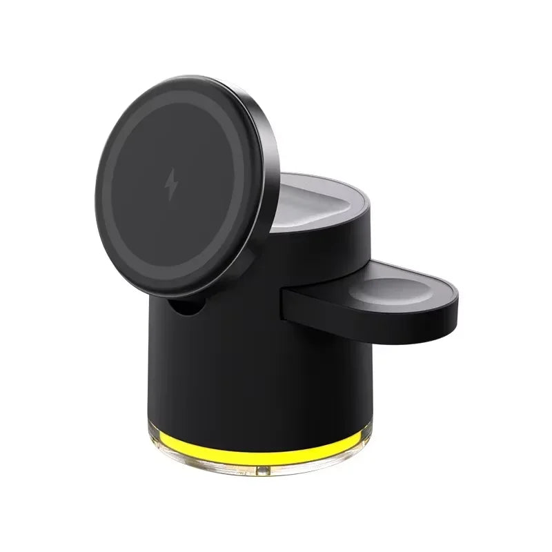 Black phone stand with a circular holder on a white background. 4-in-1 Qi wireless charger dock with night light for iPhone 16, 15, 14 Pro Max, AirPods Pro, Apple Watch. Fast, foldable, magnetic charging stand.