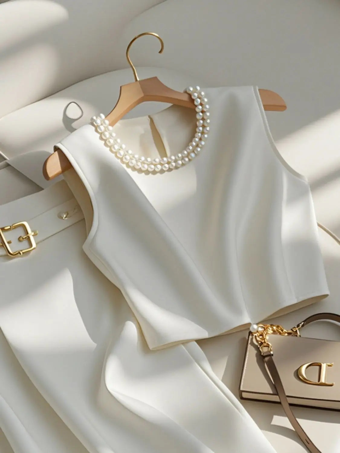 White sleeveless top on a wooden hanger with pearl necklace, next to a beige handbag with gold accents. Women’s high-end two-piece set with sleeveless O-neck crop top and mid-calf A-line skirt. Elegant, minimalist office suit, beaded detail, UK fashion.