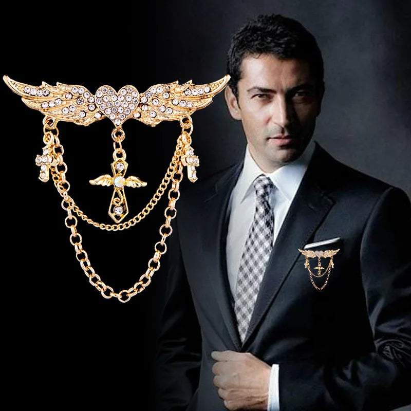 Man in a suit with a decorative brooch on a dark background. Elegant rhinestone lapel pins for men and women. Tassel, crown, floral pins for suits, collars, weddings, parties. Zinc alloy metal, classic style.