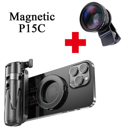 Phone case with magnetic attachment and lens, labeled 'Magnetic P15C'. Lightweight magnetic selfie stick tripod, extendable, remote controlled, compatible with MagSafe iPhones & Androids. Perfect for creators & travel.