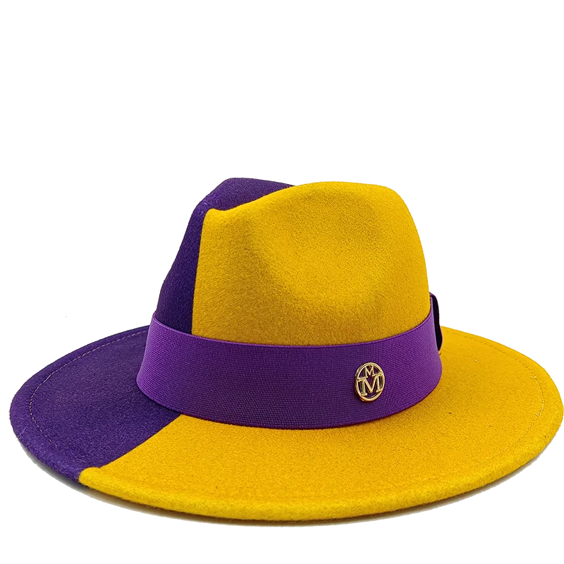 Purple and yellow hat with a logo on a white background. Unisex double fedora hat, dual color gradient tie-dye, casual jazz style, cotton-polyester mix, suitable for outdoor autumn and spring.