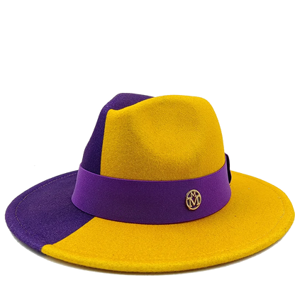 Purple and yellow hat with a logo on a white background. Unisex double fedora hat, dual color gradient tie-dye, casual jazz style, cotton-polyester mix, suitable for outdoor autumn and spring.