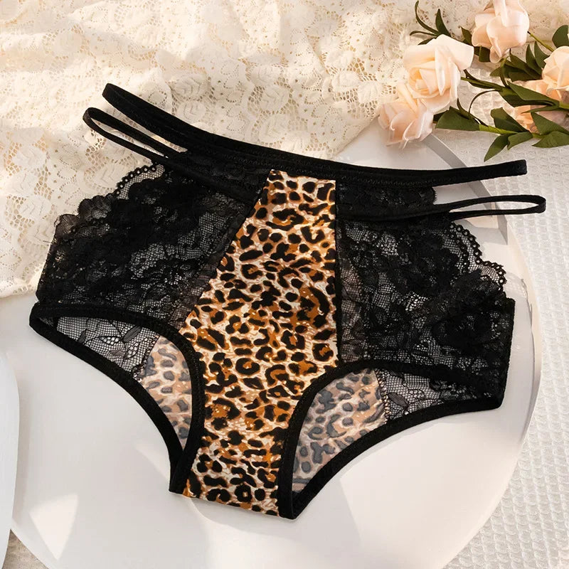 Elegant assortment of women's high-rise lace panties in Black and Leopard, showcasing the delicate lace detailing and flattering fit.