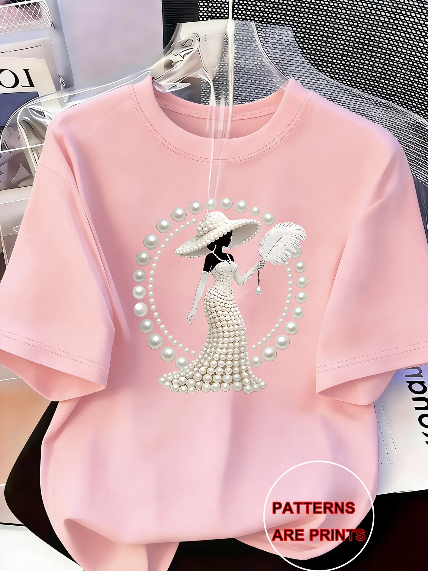 Pearl print women's t-shirt pink round neck short sleeve casual top