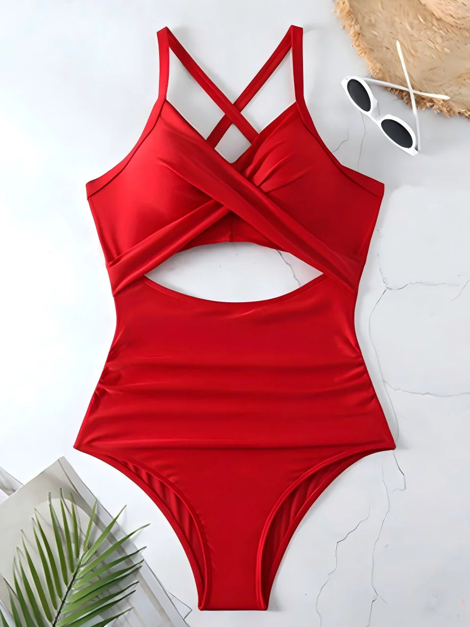 Red ruched one-piece swimsuit adjustable strap — women swimwear FTF Market UK