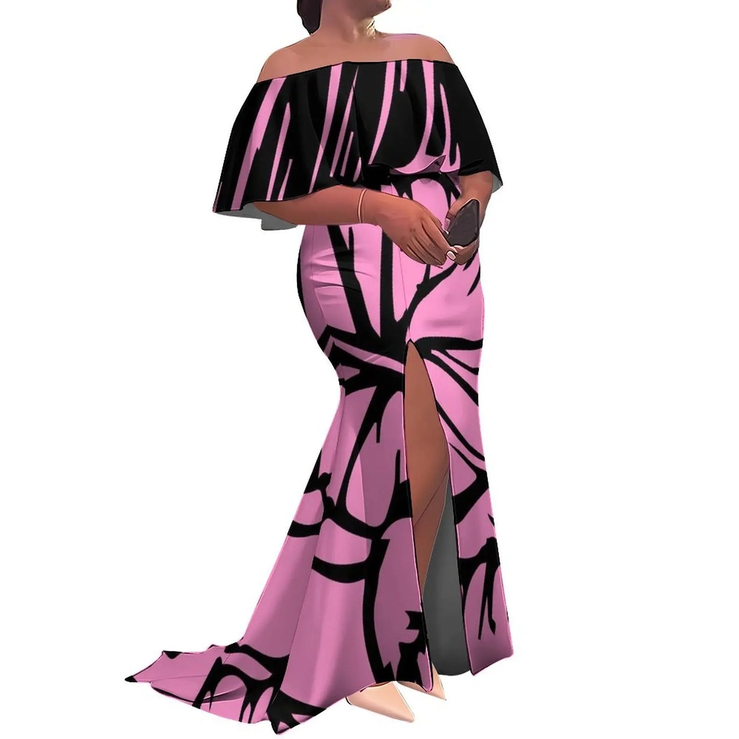 Pink and black off-shoulder dress with a slit on a white background
