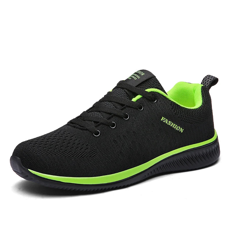 Black and green sneaker with 'Fashion' text on a white background. Men’s breathable running sneakers with mesh lining, PU insole, EVA outsole, lightweight casual sports shoes, perfect for jogging and walking.