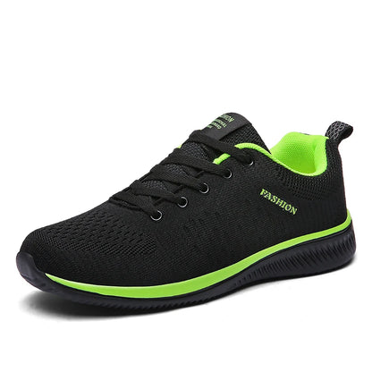 Black and green sneaker with 'Fashion' text on a white background. Men’s breathable running sneakers with mesh lining, PU insole, EVA outsole, lightweight casual sports shoes, perfect for jogging and walking.