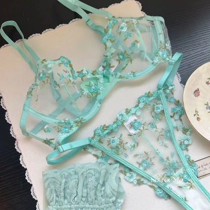Teal floral lingerie set on a lace surface