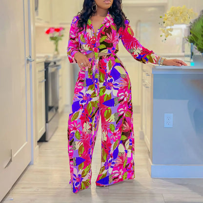 2024 Spring Summer Long Sleeved Printed Suit for Women – Lapel single-breasted shirt, wide-leg trousers, fashion-forward two-piece set. Available on FTFmarket.net, fast delivery in the UK.