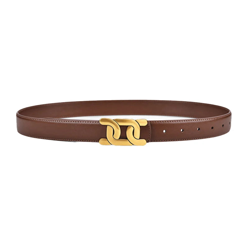 Brown belt with a gold buckle on a white background. Women’s retro fashion belt with 2.4cm PU strap, solid alloy buckle for jeans, skirts, and pants. Trendy UK accessory for casual and chic looks.