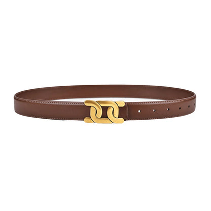 Brown belt with a gold buckle on a white background. Women’s retro fashion belt with 2.4cm PU strap, solid alloy buckle for jeans, skirts, and pants. Trendy UK accessory for casual and chic looks.