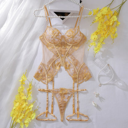 Gold laceEmbroidered gold lace lingerie set — underwire bra and brief, floral lace de