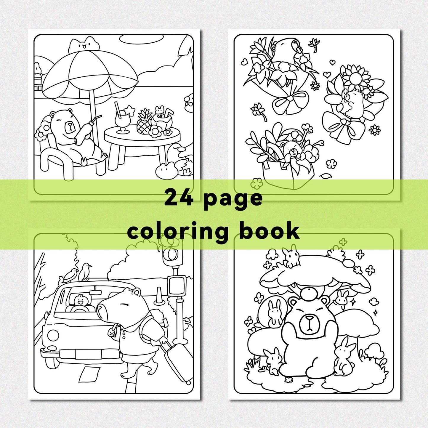 Four coloring book pages with cartoon characters on a white background. The Capycuties coloring book is perfect for beginners and pros alike. With simple, adorable patterns, it's a great way to relieve stress and have fun.