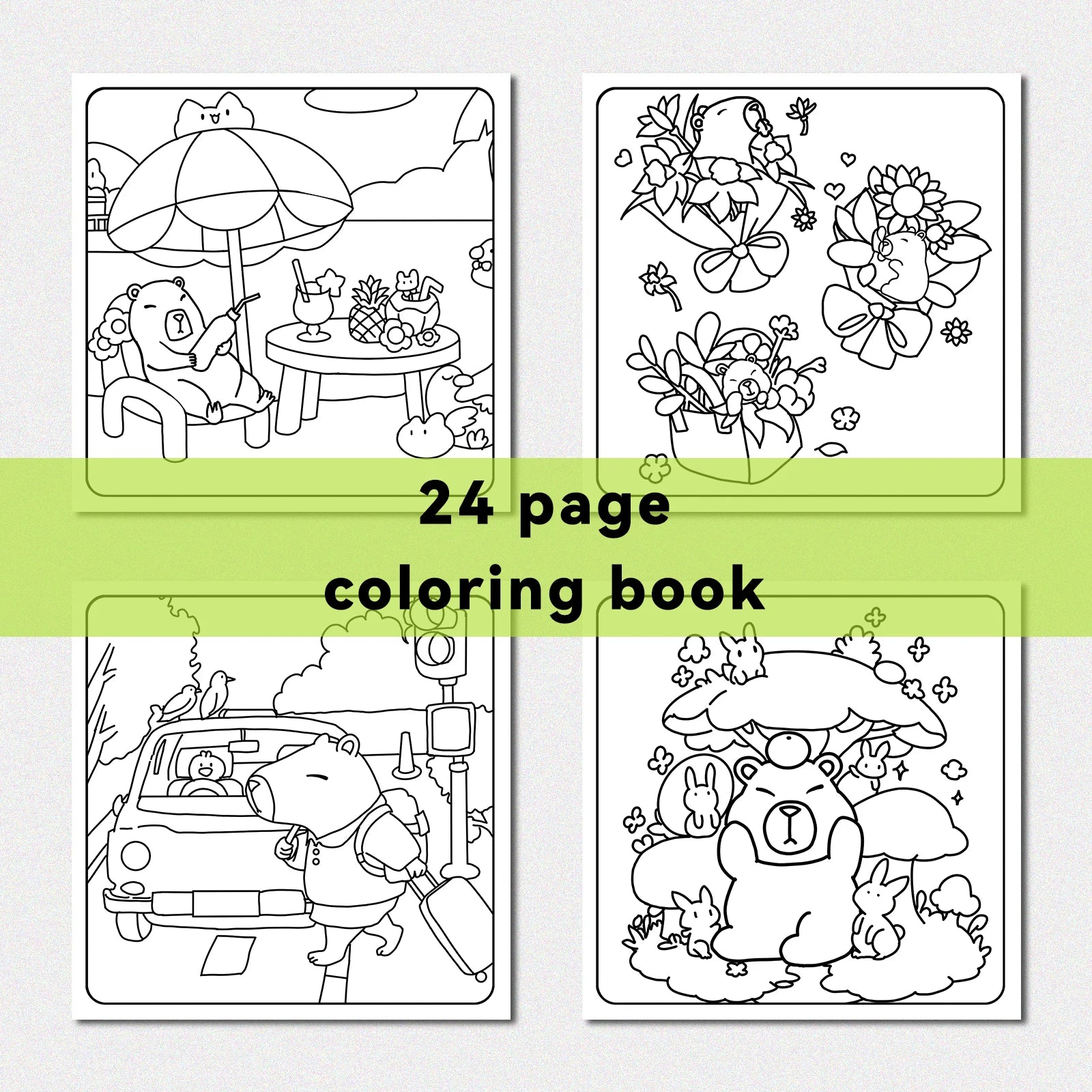 Four coloring book pages with cartoon characters on a white background. The Capycuties coloring book is perfect for beginners and pros alike. With simple, adorable patterns, it's a great way to relieve stress and have fun.