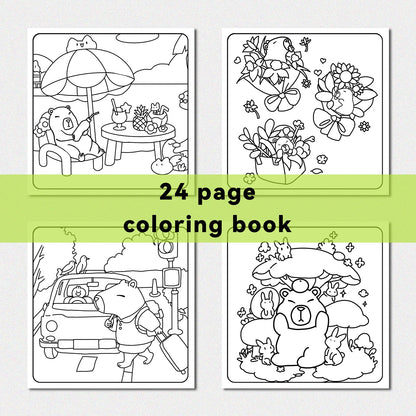 Four coloring book pages with cartoon characters on a white background. The Capycuties coloring book is perfect for beginners and pros alike. With simple, adorable patterns, it's a great way to relieve stress and have fun.