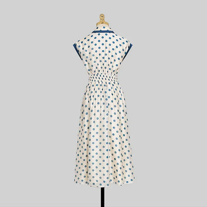 Discover timeless elegance with our Hepburn Vintage Polka Dot Print Bowknot Summer Dress. This mid-calf A-line dress features a charming polka dot pattern, a flattering slim waist, a turn-down collar, sleeveless design, and a decorative bow. Perfect for women aged 25-35 for spring and summer parties. Shop now for classic fashion with a modern twist!