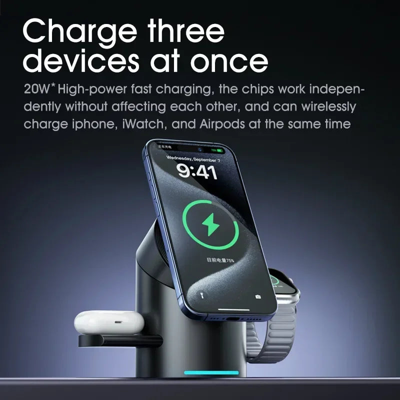 Wireless charging station with smartphone, smartwatch, and AirPods on a dark background. Qi2 3-in-1 Magsafe charger with 15W fast charging for iPhone, AirPods, Apple Watch. Magnetic, USB-C, intelligent FOD detection, UK shipping.