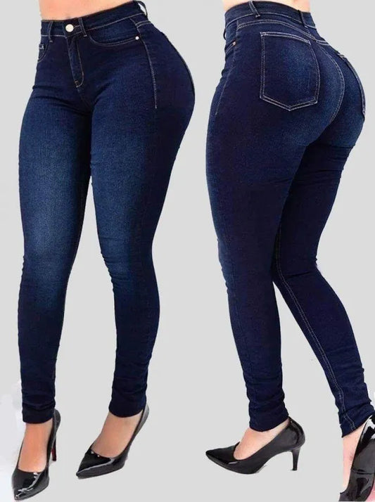 Women's high waist jeans, raw denim, slimming effect, casual chic outfit, available in multiple colors.