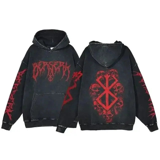 Anime hoodie plus size, gothic Harajuku, manga sweatshirt, washed denim, hip hop vintage, black pullover, Y2K streetwear.