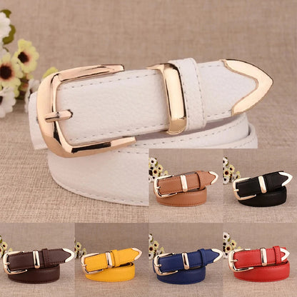 White belt with gold buckle on a beige background, surrounded by smaller images of belts in different colors. Women’s vintage white leather trouser belt with solid pin buckle. Stylish, high-quality accessory for fashion-forward looks, UK.