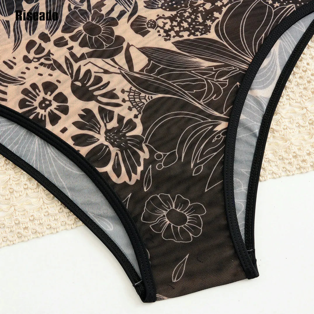 Close-up black floral mesh fabric detail — sheer swimdress women UK