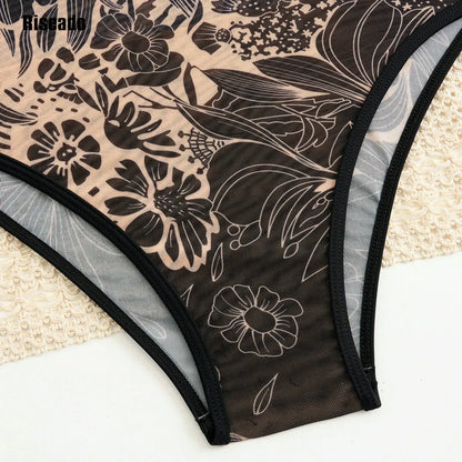 Close-up black floral mesh fabric detail — sheer swimdress women UK