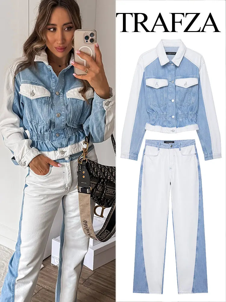Woman taking a mirror selfie wearing a blue and white denim outfit with 'Trafza' branding. Women’s 2-piece denim jacket and straight jeans set. Patchwork design, mid waist, turn-down collar, button closure, loose casual fit, streetwear.