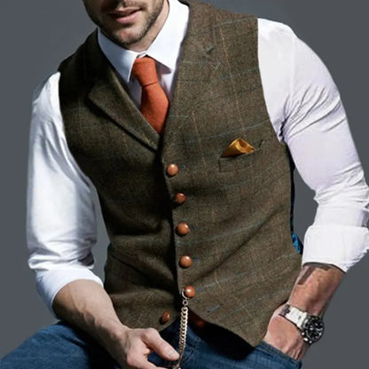 Collection of stylish men's vests ranging from slim-fit to oversized, casual to formal, in various materials and patterns