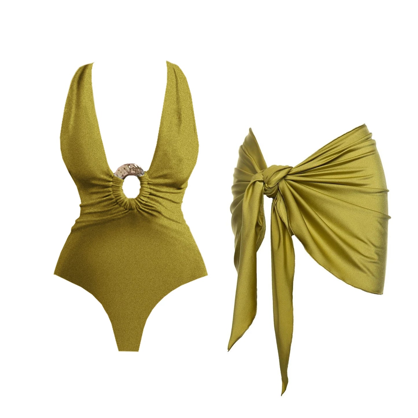 Mustard yellow swimsuit with a bow detail on a white background. Women’s 2-piece deep V swimsuit with long skirt, adjustable straps, solid color, beachwear, comfortable polyester/spandex fabric, flattering fit.