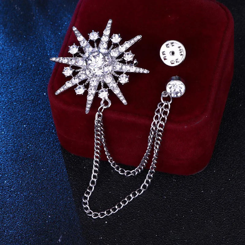 Elegant rhinestone lapel pins for men and women. Tassel, crown, floral pins for suits, collars, weddings, parties. Zinc alloy metal, classic style.