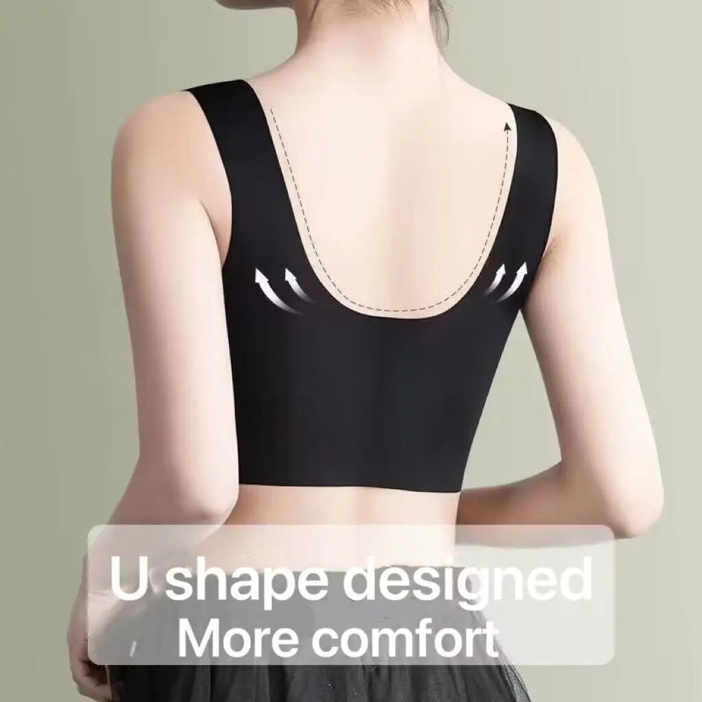 Black sports bra worn by a person on a plain background with text 'U shape designed More comfort'.