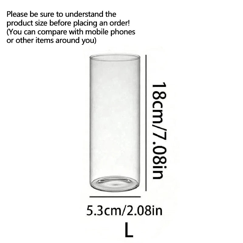 Clear cylindrical glass vase with dimensions labeled on a white background