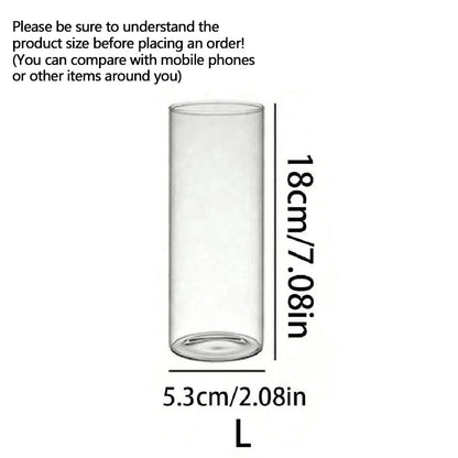 Clear cylindrical glass vase with dimensions labeled on a white background