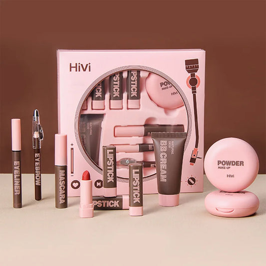 Hivi makeup set with pink and brown products on a beige background. HiVi makeup gift box with limited edition lipstick, setting powder, and eyeliner. Perfect romantic gift for women. Safe, elegant, lasting wear.
