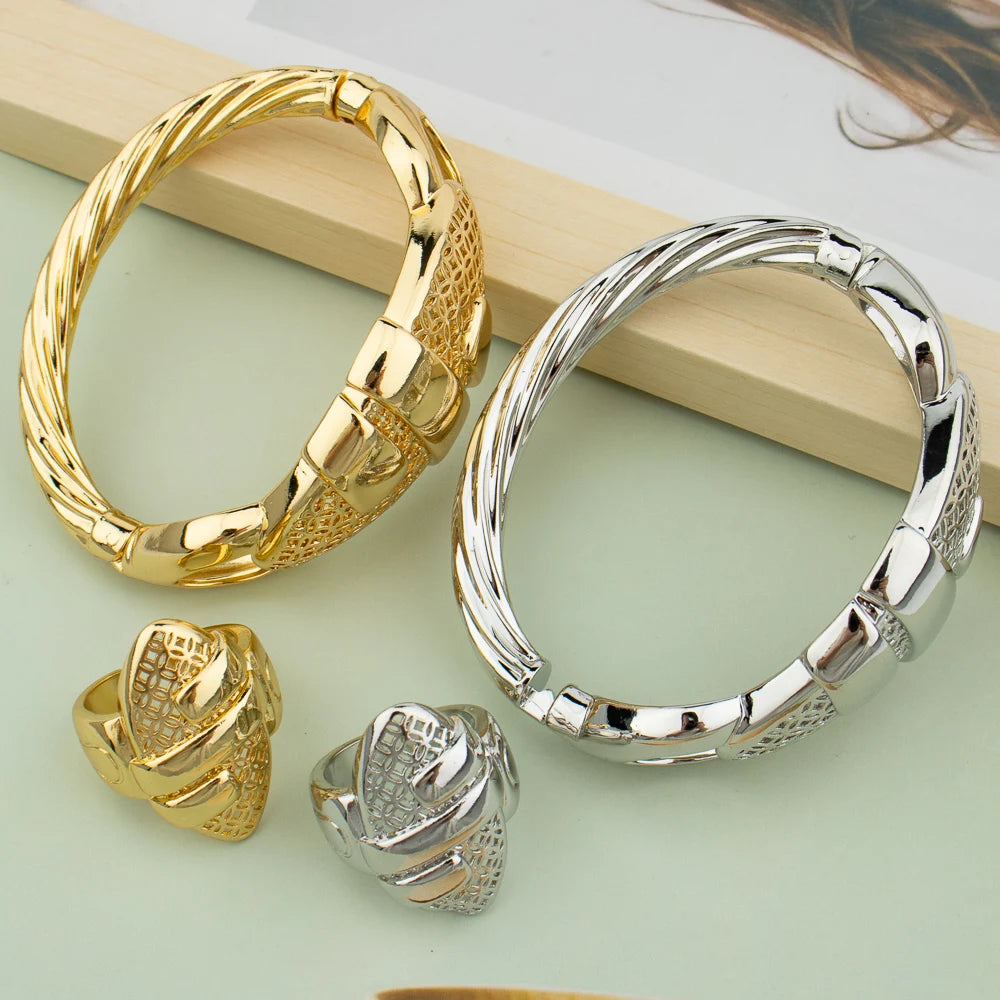 18K gold and silver plated cuff bangle and ring sets side by side showing both colour variants on mint green background