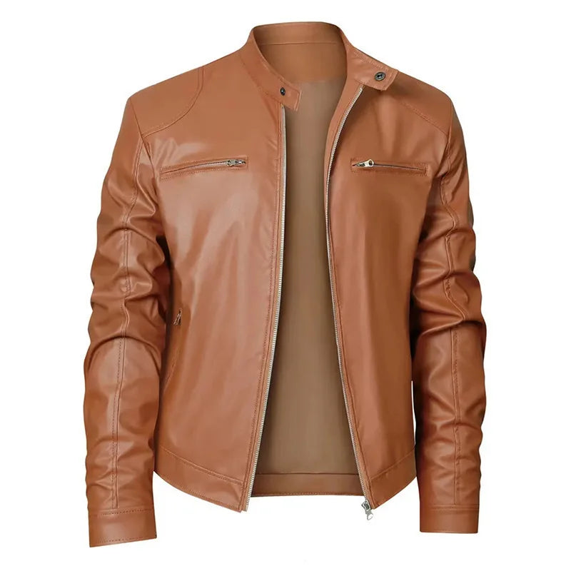 Brown leather jacket on a white background. Men’s slim fit motorcycle jacket in PU leather, stand collar, zip closure, pockets, thin design, black, casual punk UK outerwear, S–5XL.