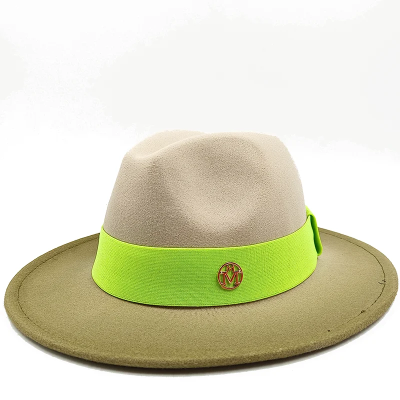 Beige hat with a green band featuring a logo on a white background. Unisex double fedora hat, dual color gradient tie-dye, casual jazz style, cotton-polyester mix, suitable for outdoor autumn and spring.