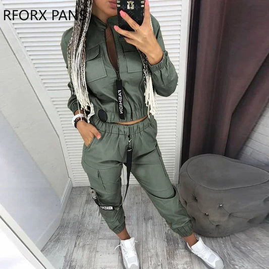 Women's Zipper Coat and Cargo Pants Set with Pockets