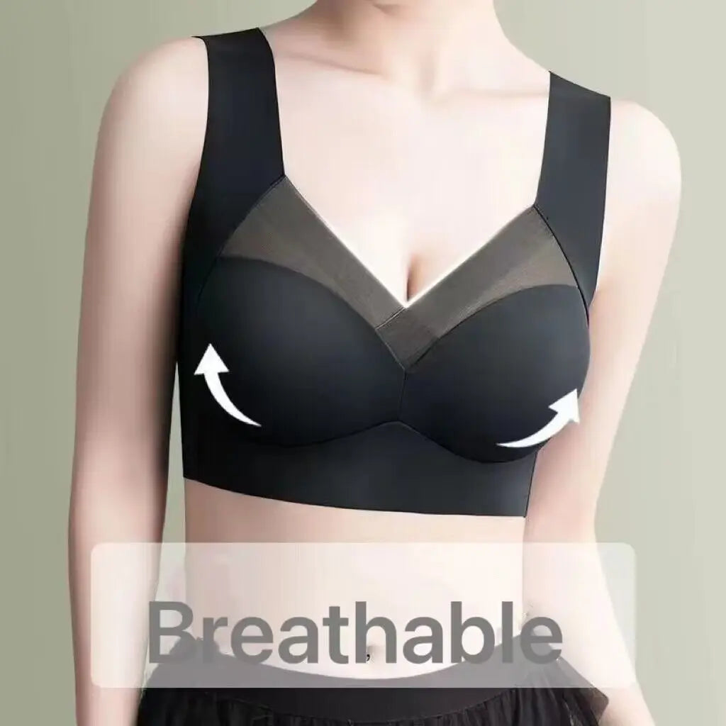 Black bra with mesh panels on a plain background, labeled 'Breathable'.