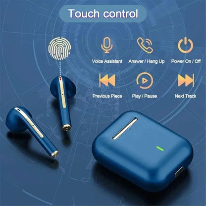 Blue wireless earbuds with touch control functions on a blue background. J18 wireless Bluetooth earphones, in-ear sport headset, waterproof, HiFi stereo sound, built-in microphone, UK FTF Market.