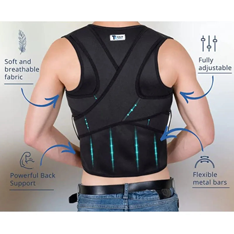 Back waist posture corrector, adjustable adult correction belt, waist trainer, shoulder lumbar brace, spine support belt vest black.