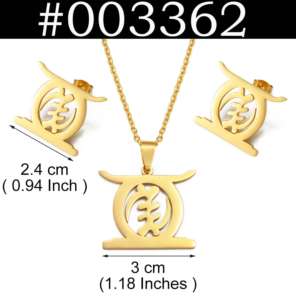 Gold-tone necklace and matching stud earrings set with a cutout circular pendant featuring a central symbol, shown on a white background with size annotations and a black header reading #003362.