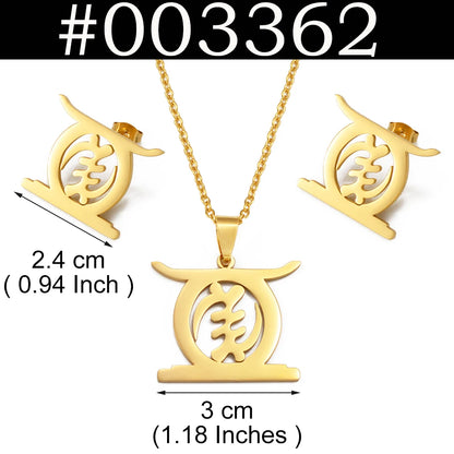 Gold-tone necklace and matching stud earrings set with a cutout circular pendant featuring a central symbol, shown on a white background with size annotations and a black header reading #003362.