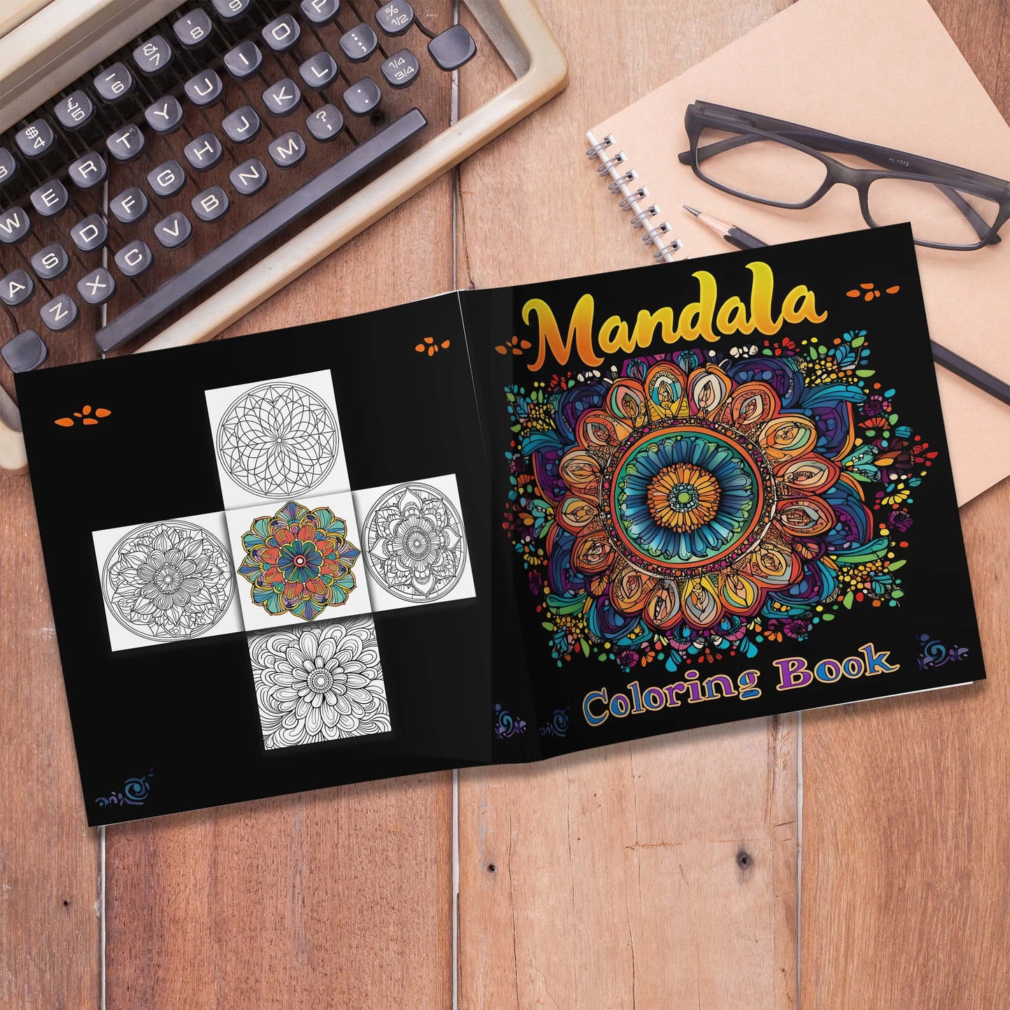 Mandala coloring book open on a wooden surface with a typewriter and glasses in the background.Mandala coloring book for adults, stress relief, relaxation, creative color practice, perfect birthday party gift, UK FTF Market.