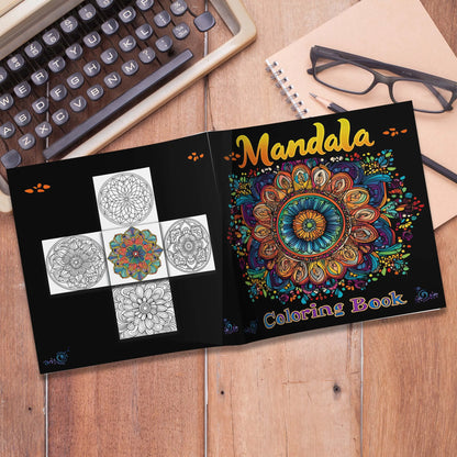 Mandala coloring book open on a wooden surface with a typewriter and glasses in the background.Mandala coloring book for adults, stress relief, relaxation, creative color practice, perfect birthday party gift, UK FTF Market.